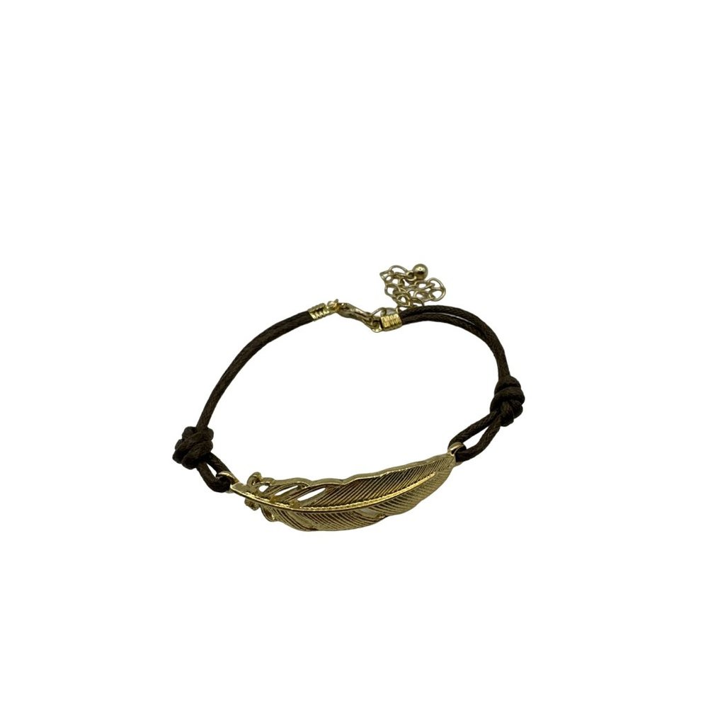 Adjustable Small Feather Bracelet Goldtone and Brown Leather